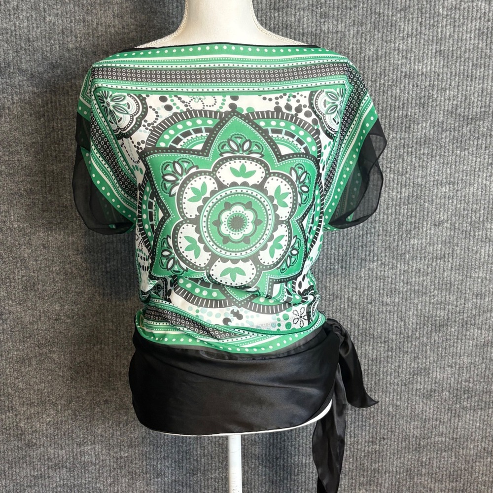 Heart Soul Green Mandala Print Sheer Chiffon Side Tie Blouse XL